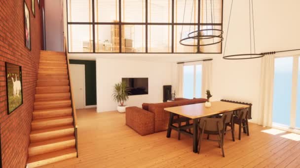 Trendige Moderne Design Zwei Ebenen Wohnung Mit Großen Hohen Fenstern — Stockvideo