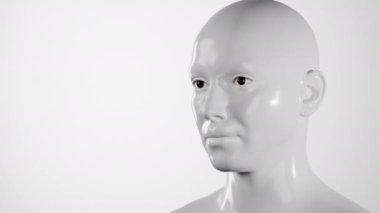 Erkek aşırı gerçekçi robot ya da beyaz ışıkla stüdyoda sayborg. Sibernetik görüntüdeki yapay zeka ya da sinirsel ağ. Dijital teknoloji konsepti. 3d hazırlayıcı.