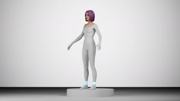 Kobieta Hiperrealistyczny Robot Lub Cyborg Odwrócić Się Studio Podium Sztuczna — Wideo stockowe