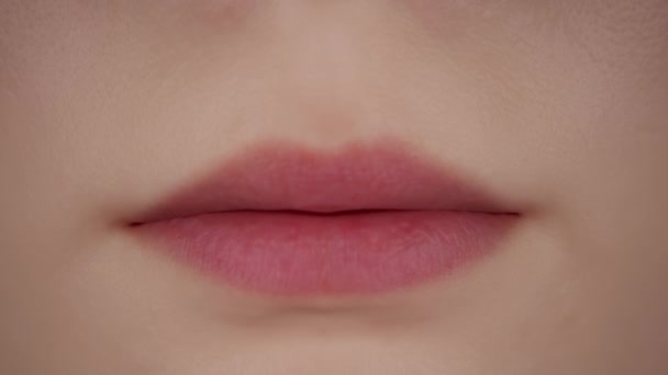 Γυναικεία Χείλη Closeup Ουδέτερα Συναισθήματα Φως Ημέρας Καθιστούν — Αρχείο Βίντεο
