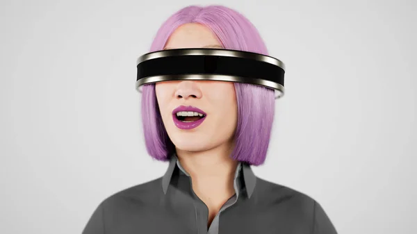 网络游戏 三维模拟虚拟世界 戴眼镜的千禧年女人在霓虹灯演播室里表演 3D渲染 — 图库照片