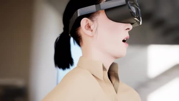 网络游戏 三维模拟虚拟世界 戴眼镜的千禧年女人在家里玩耍 三维渲染 — 图库视频影像