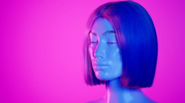 Stüdyoda neon ışığı olan aşırı gerçekçi kadın robot ya da sayborg. Sibernetik kızdaki yapay zeka ya da sinirsel ağ. Dijital teknoloji konsepti. 3d hazırlayıcı.