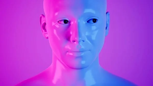Мужчина Гипер Реалистичный Робот Киборг Студии Неоновым Светом Искусственный Интеллект — стоковое фото