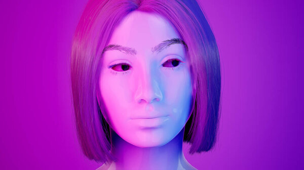 Female hyper-realistic robot or cyborg in studio with neon light. Artificial intelligence or neural network in image cybernetic girl. Digital technology concept. 3d render.