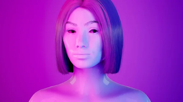 Robot Wanita Hiper Realistik Atau Cyborg Studio Dengan Lampu Neon — Stok Foto