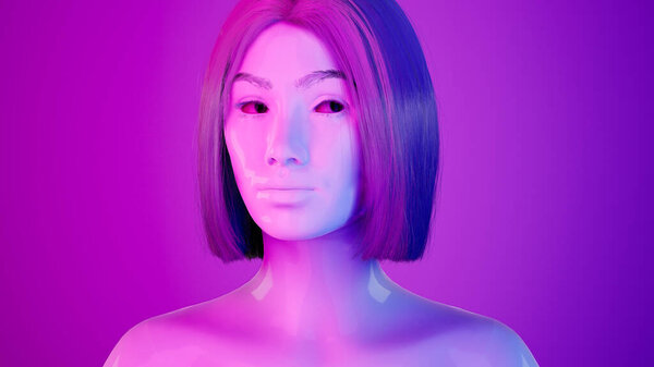 Female hyper-realistic robot or cyborg in studio with neon light. Artificial intelligence or neural network in image cybernetic girl. Digital technology concept. 3d render.