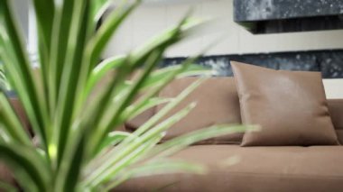 Geniş pencereli modern tasarım dairesi. Şık oturma odası ve mutfak parlak renklerde. .