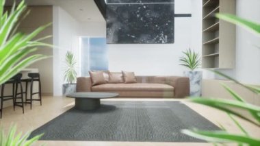 Geniş pencereli modern tasarım dairesi. Şık oturma odası ve mutfak parlak renklerde. .