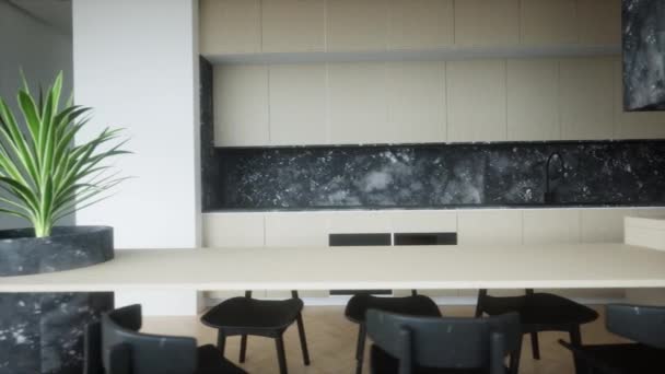 Модний Сучасний Дизайн Квартири Великими Високими Вікнами Стильна Вітальня Кухня — стокове відео