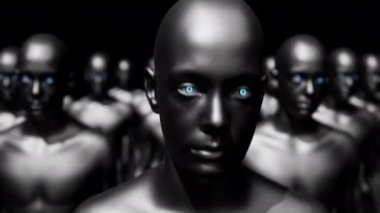 Robotlar ordusu. Bir grup sayborg işçi düzen içinde yürüyor. 3 Boyutlu Döngülenmiş Canlandırma.