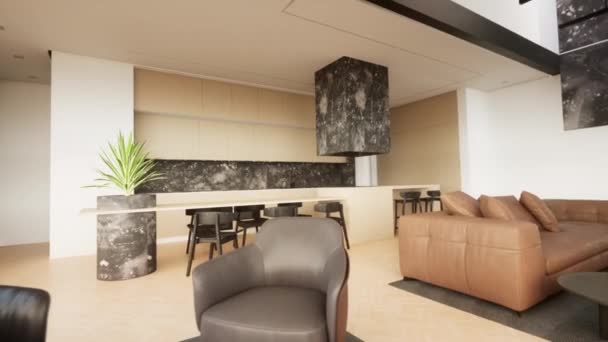 Модний Сучасний Дизайн Квартири Великими Високими Вікнами Стильна Вітальня Кухня — стокове відео