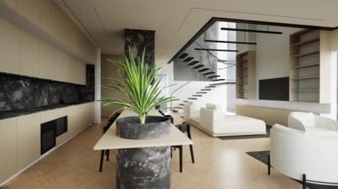 Geniş pencereli modern tasarım dairesi. Şık oturma odası ve mutfak parlak renklerde. .