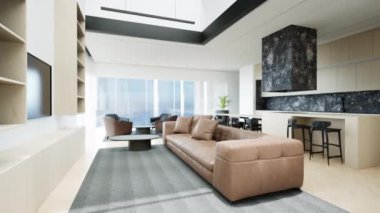 Geniş pencereli modern tasarım dairesi. Şık oturma odası ve mutfak parlak renklerde. .