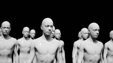 Robotlar ordusu. Bir grup sayborg işçi düzen içinde yürüyor. 3 Boyutlu Hazırlama.