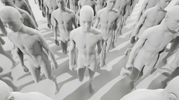 Ejército Robots Una Multitud Trabajadores Cyborg Marchando Formación Renderizado — Foto de Stock