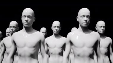 Robotlar ordusu. Bir grup sayborg işçi düzen içinde yürüyor. 3 Boyutlu Canlandırma.