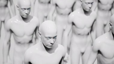 Robotlar ordusu. Bir grup sayborg işçi düzen içinde yürüyor. 3 Boyutlu Canlandırma.