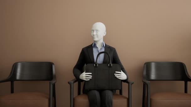 Футуристична Жінка Андроїд Робот Сидить Стільці Чекає Співбесіду Інноваційну Концепцію — стокове відео