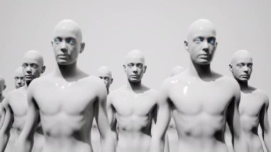 Robotlar ordusu. Bir grup sayborg işçi düzen içinde yürüyor. 3 Boyutlu Canlandırma.