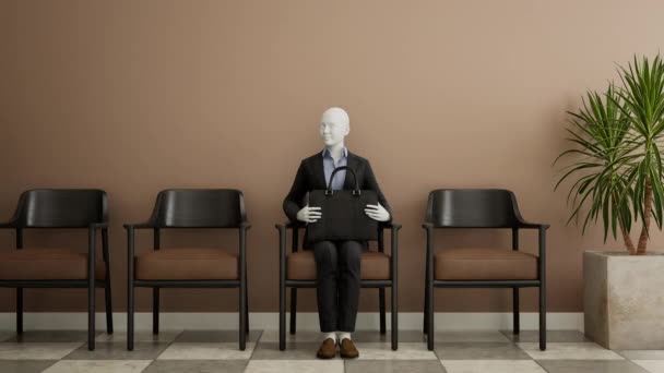 Futuristka Android Robot Sedí Židli Čeká Pracovní Pohovor Inovační Koncept — Stock video