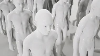 Robotlar ordusu. Bir grup sayborg işçi düzen içinde yürüyor. 3 Boyutlu Canlandırma.