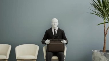Bir sandalyede oturan ve iş görüşmesi, yapay zeka ve yenilik kavramını bekleyen gelecekçi android robot. 3d animasyon, hız hareketi.
