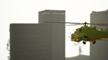 Şehirdeki bir kurtarma operasyonu sırasında sarı helikopter. 3d canlandırma.