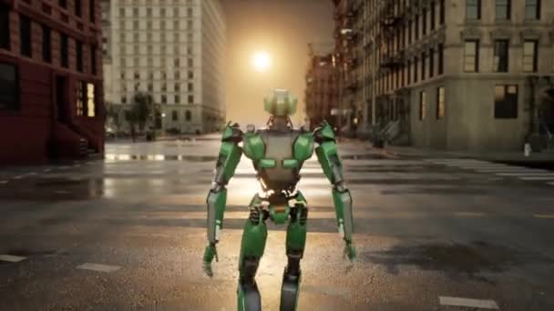 Robot Che Cammina Lungo Una Strada Deserta Una Grande Città — Video Stock