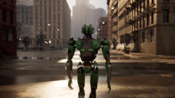 在大城市的一条荒废的街道上行走的机器人 人形人工智能机器人穿过街道 3D动画 未来自动化工作 — 图库视频影像