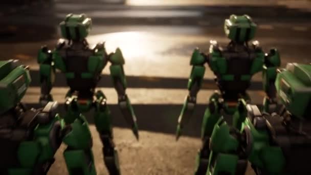 メトロポリスに向かう途中に立っているロボットのグループ 3Dアニメーション 将来のオートメーションの仕事 — ストック動画