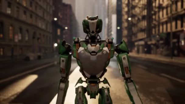 Roboter Der Einer Großstadt Eine Menschenleere Straße Entlangläuft Humanoide Roboter — Stockvideo