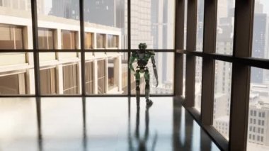 Geniş bir ofiste panoramik pencereli bir robot, gökdelenlere pencereden bakıyor, gelecek konsepti....