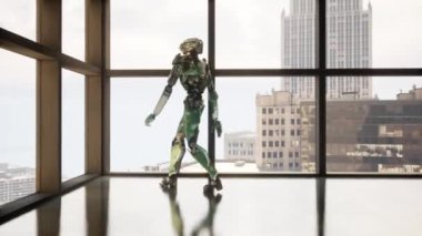 Geniş bir ofiste panoramik pencereli bir robot, gökdelenlere pencereden bakıyor, gelecek konsepti....