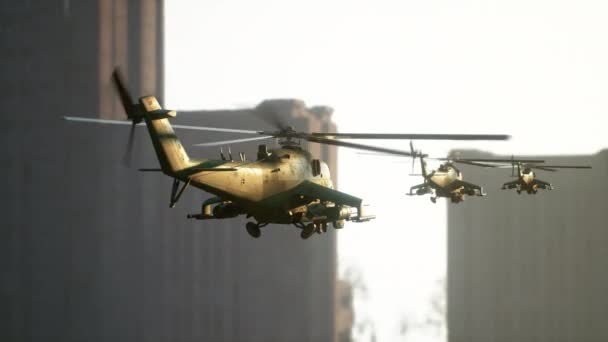 Helicópteros Militares Voam Cidade Entre Arranha Céus Animação — Vídeo de Stock