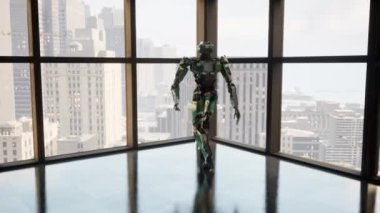 Geniş bir ofiste panoramik pencereli bir robot, gökdelenlere pencereden bakıyor, gelecek konsepti....