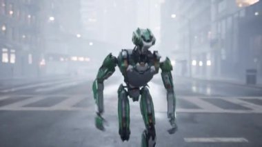 İnsansı yapay zeka robotu büyük bir şehirde ıssız bir cadde boyunca koşuyor. 3D animasyon. gelecek konsept.