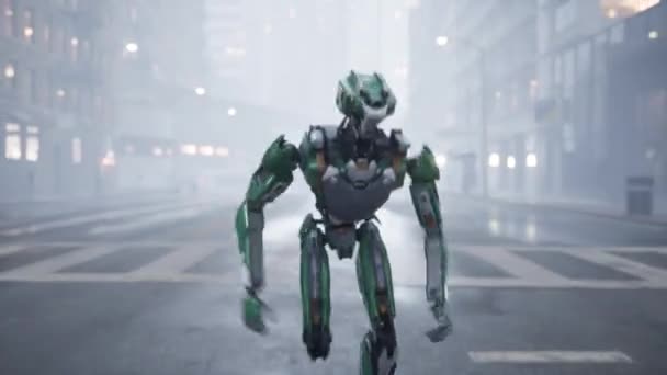 这个人形人工智能机器人在一个大城市的一条荒无人烟的街道上奔跑 3D动画 未来的概念 — 图库视频影像