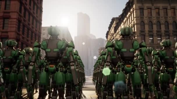 Skupina Robotů Stojí Cestě Metropole Animace Budoucí Úloha Automatizace — Stock video