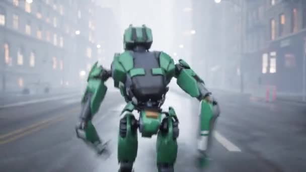 Robot Humanoïde Longe Une Rue Déserte Dans Une Grande Ville — Video