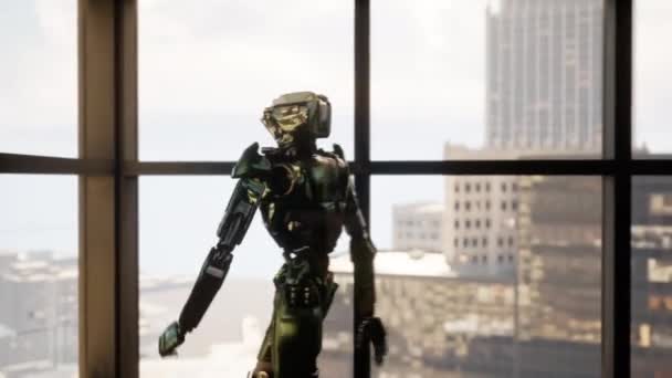 Roboten Ett Rymligt Kontor Med Panoramafönster Tittar Genom Fönstret Skyskrapor — Stockvideo