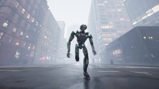 这个人形人工智能机器人在一个大城市的一条荒无人烟的街道上奔跑 3D动画 未来的概念 — 图库视频影像