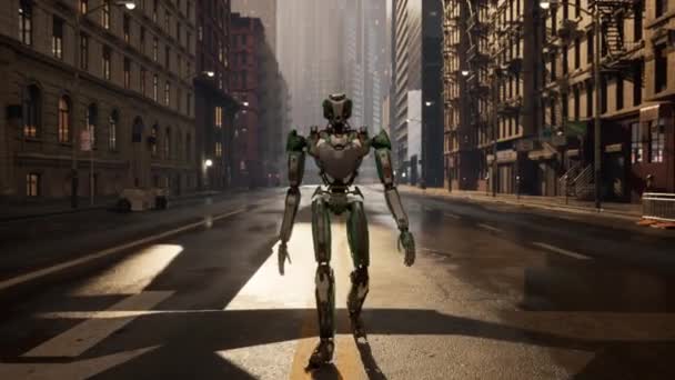 Roboter Der Einer Großstadt Eine Menschenleere Straße Entlangläuft Humanoide Roboter — Stockvideo