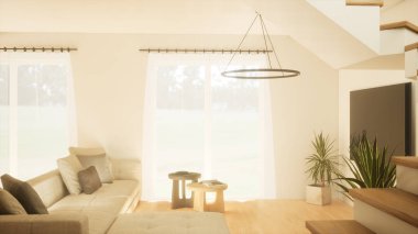 Mutfağı ve merdivenleri olan modern lüks oturma odası. İki katlı bir ev. 3d hazırlayıcı.