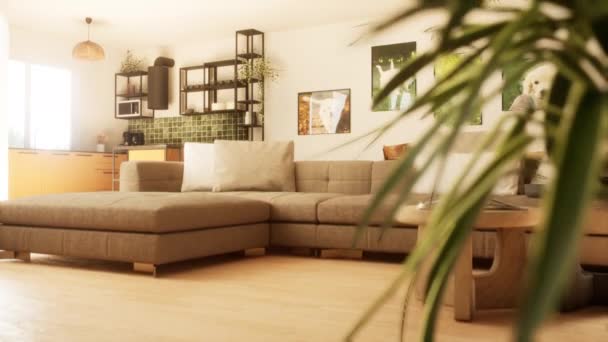 キッチンと階段を備えたモダンなラグジュアリーリビングルーム スタイリッシュな2階の家 3Dアニメーション — ストック動画