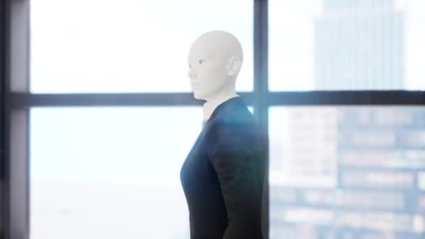Robot Humanoïde Restant Dans Bureau Vide Regardant Par Fenêtre Grande — Video