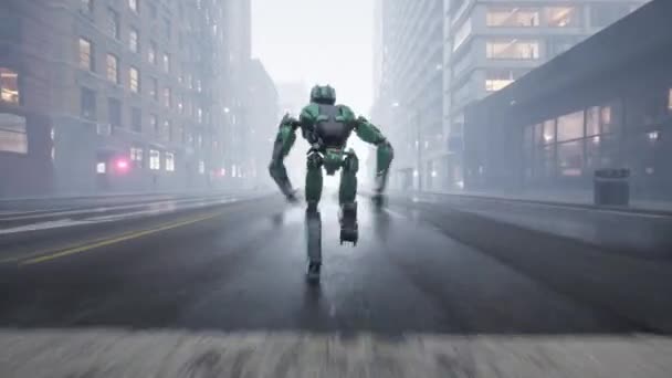 Robot Umanoide Corre Lungo Una Strada Deserta Una Grande Città — Video Stock