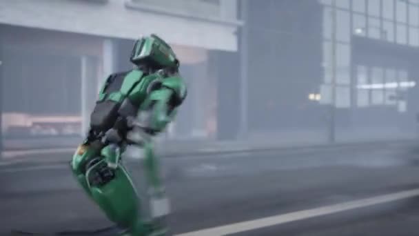 Der Humanoide Roboter Läuft Eine Menschenleere Straße Einer Großstadt Entlang — Stockvideo