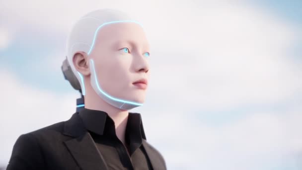 Robot Humanoide Femenino Techo Los Edificios Mirando Gran Ciudad Concepto — Vídeo de stock