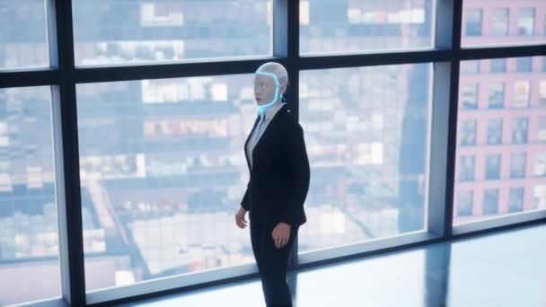 사무실에 머물면서 도시의 창문을 바라보는 인간성 미래의 — 비디오